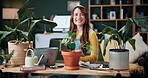 Tablet, gardening and face with woman in home for botany blog, research and leaf health post. Plant tips app, horticulture and relax with person in living room of house for eco friendly update