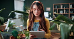 Tablet, gardening and typing with woman in home for botany blog, research and leaf health post. Plant tips app, horticulture and relax with person in living room of house for eco friendly update
