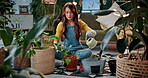Gardening, girl and water plants in home for natural growth, healthy development or sustainability. Eco friendly house, woman or soil hydration for houseplant care, horticulture hobby or maintenance