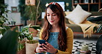 Phone, gardening and typing with woman in home for botany blog, research and leaf health post. Plant tips app, horticulture and relax with person in living room of house for eco friendly update