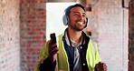 Construction, dance or Asian man on site with headphones, rhythm or playful groove with building milestone. Happy, achievement or engineer with phone, fun time or upbeat movement in celebration.
