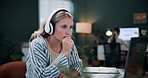 Headphones, video call and businesswoman in office with laptop for thinking, feedback or online meeting. Laptop, doubt and magazine editor on virtual discussion for publishing review in workplace.
