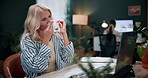 Sick, woman or blowing nose with tissue on laptop in home for influenza, virus or bacteria. Female person, remote work or sneeze with hayfever, sinus or allergies on computer for germs in house