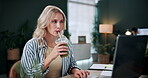 Smoothie, freelancer and laptop with woman in home office for health blogger, research and dance. Wellness drink, green juice review and remote worker with person in apartment for web startup