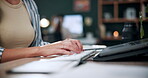 Creative, typing and hands with laptop in office, graphic designer and digital assignment on website. Employee, online and person with keyboard, coworking or planning for design with tech in business
