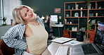 Frustrated, woman and back pain with injury on laptop in home for discomfort or bad posture. Female person, freelancer or remote work with sore spine for overworked strain or muscle tension in house