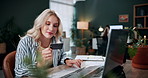 Happy, woman and home with credit card on computer for online shopping, payment or purchase. Female person, shopper or ecommerce with debit or technology for wireless transaction or banking in house