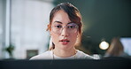 Freelancer, glasses and laptop with woman in home office for blog editor, research and reading. Article submission, remote worker and planning with person in apartment for online project and post