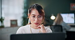 Freelancer, reading and laptop with woman in home office for blog editor, research and glasses. Article submission, remote worker and planning with person in apartment for online project and post
