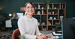 Freelancer, face and laptop with woman in home office for blog editor, research and smile. Article submission, remote worker and planning with person in apartment for online project and post