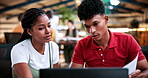 Laptop, study and help with people in college for research, tutor session and education project. Assignment thesis, university and knowledge with students on campus for class schedule and exam portal