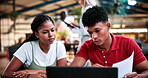 Talk, college and laptop with people in library for education, assignment submission and tutor feedback. University, student scholarship and exam grades with friends on campus for class schedule