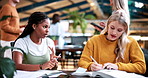 Study, counting or people in college with textbooks, task management or steps in group project. Education, notes or students with checklist, university partnership or planning for academic assessment