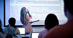 Woman, tablet and screen with students at college in classroom, remote and coding course for education. Person, IT professor and teaching with tech, learning and scroll for programming in university