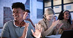 Applause, education and thank you with student man in classroom at university for achievement. Laughing, motivation and success with happy person at college for development or learning milestone