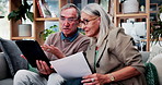 Tablet, paperwork and senior couple with financial records, mortgage planning or review expenses. Tech, elderly man and woman with budget, retirement savings or document for pension annuity at home
