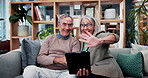 Tablet, wave and old couple in living room with video call, bonding or excited for online communication. Happy, senior married people and greeting in house with tech, virtual contact or conversation.