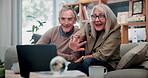 Laptop, wave and old couple in home with video call, bonding together or hello for online communication. Happy, senior married people and greeting on sofa with computer, virtual contact or connection