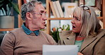 Home, document or senior couple with debt crisis, mortgage planning and shock for tax expenses. House, elderly man and woman with budget paperwork, retirement bills and wtf for inflation cost