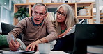 Home, document or senior couple with budget, mortgage planning or signature for insurance policy. Sofa, elderly man and woman with finance, retirement savings or writing on paper for loan application