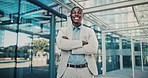 Crossed arms, happy and face of black man in glass office with confidence for career in finance. Smile, job opportunity and portrait of African male financial manager with pride for company about us.