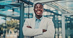 Crossed arms, smile and face of black man in glass office with confidence for career in finance. Happy, job opportunity and portrait of African male financial manager with pride for company about us.