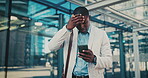 Businessman, stress and texting with phone in city, travel or attorney with negative feedback on web. Outdoor, lawyer and black person with bad news on mobile, online and disappointed by case loss
