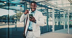 Fist pump, phone and business black man in city for job promotion, contact and portfolio bonus. Career growth, account deal and online news with employee outdoor for winner, mobile and success