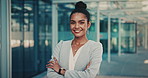 Face, confidence and business woman in city with pride, smile and corporate job as insurance agent. Arms crossed, portrait and broker in urban town, claims consultant and professional in Brazil