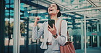 Dance, phone and business woman in city for job promotion, contact and portfolio bonus. Career growth, account deal and online news with employee and mobile outdoor for fist pump, winner and success