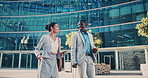 Business people, travel and team in city with suitcase, talking and walking with phone for journey. Luggage, man and woman outdoor with conversation for project, smile and commute on work trip