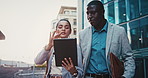 Business people, team and discussion in city with tablet for real estate listing, advice or project. Tech, conversation and workers in town for meeting, development idea or walk for property review