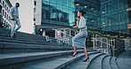 Coffee, phone call and businesswoman on stairs in city with communication, negotiation or legal review. Cappuccino, walking and female attorney on mobile discussion for feedback on law case in town.