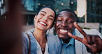Happy, face and business people with selfie in city for photography, memory or capture moment. Portrait, interracial friends or coworkers with smile, peace sign or coffee for picture together in town