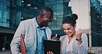 Business people, tablet and celebration in city with team, real estate sale or achievement. Tech, excited and workers in town with success, development approval or fist pump for property investment