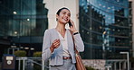 Phone call, walking and businesswoman in city with communication, negotiation or finance review. Laugh, cellphone and female financial manager on mobile discussion for feedback on investment in town.