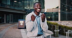 Excited, phone call and business black man in city for job promotion, contact and portfolio bonus. Career growth, account deal and news with employee outdoor for fist pump, mobile and success
