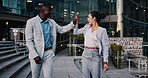 Business people, high five and dancing on stairs in city, success or happy for stock market increase. Wealth manager, laugh and celebration with colleague on steps, rhythm and excited for achievement