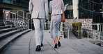 Back, business and people walking in city for travel, meeting and journey with lawyer team. Attorney, talk and morning commute in town for collaboration, legal representative and advice on court case