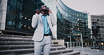 Winner, phone call and business black man in city for job promotion, contact and portfolio bonus. Career growth, account deal and news with employee outdoor for fist pump, mobile and celebration