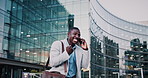Fist pump, phone call and business black man in city for job promotion, contact and portfolio bonus. Career growth, account deal and news with employee outdoor for winner, mobile and celebration