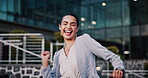Dance, celebration and business woman in city for job promotion, good news and portfolio bonus. Career growth, account deal and achievement with employee outdoor for winner, groove and success