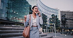 Fist pump, phone call and business woman on steps for job promotion, contact and portfolio bonus. Career growth, account deal and news with employee outdoor for winner, mobile and celebration