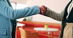 Hands, business and handshake with women in office for welcome, greeting and hiring for b2b. People, meeting and recruitment for partnership with negotiation, congratulations and deal for onboarding