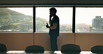 Phone call, nurse and window with man in hospital for medical platform, communication and telehealth. Virtual advice, contact and healthcare app with person in office for conversation and discussion