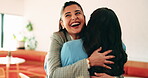 Hug, smile and greeting with business woman in cafe for welcome, support and communication. Happiness, meeting and hello with people in coffee shop for friends, networking and discussion together