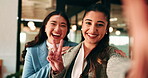 Selfie, laugh and peace sign with business women in office for about us, social media or profile picture. Company branding, face and photography pov with employees in agency for online post and smile