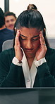 Frustrated woman, headache or stress with laptop for mistake, fatigue or burnout in office. Accountant, tired person or employee with migraine, anxiety or strain for company fail or deadline pressure