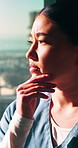Sad, woman and nurse thinking in hospital with regret, patient loss and vision of medical mistake. Grief, employee and female person with depression, healthcare reflection and burnout of surgery fail