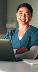 Nurse, face and happy woman with arms crossed in clinic, administration or medical records on laptop. Healthcare, online and person with tech for test results, info and treatment plan in hospital